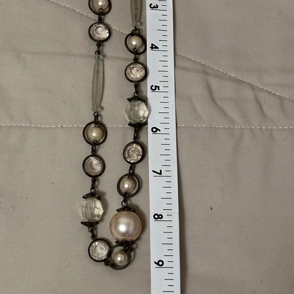 Faux Pearl & Clear Bead Several Sizes Necklace w/Dark Brown Chain Vintage - Picture 5 of 9